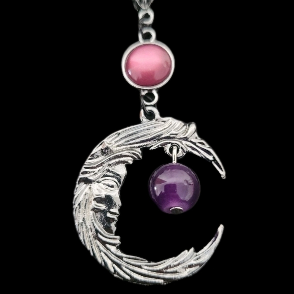 Purple Beaded Moonstone Necklace Moon Pink Gemstone Whimsical Witchy Jewelry Gem